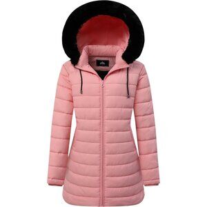 Women's Pink Long Down Jacket Winter Hooded Puffer Coat